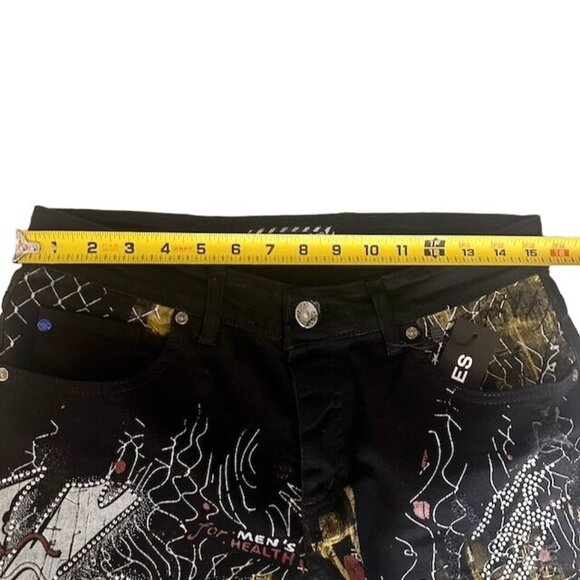 XWay Sernes Mens Graphic Denim Jeans Black & Yellow Size 32 MOD: 6104 Y2K VTG - Picture 10 of 12